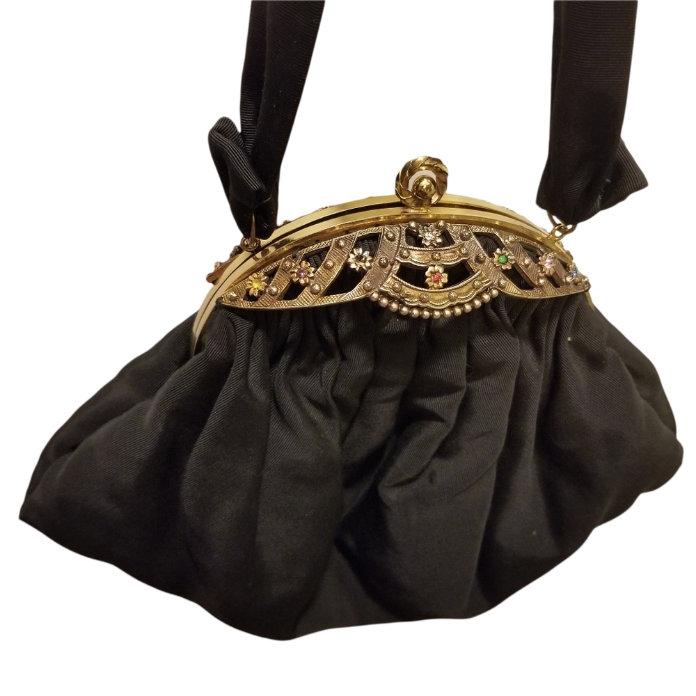 VINTAGE Black Silk Gem Encrusted Brass Clutch Purse Evening Bag